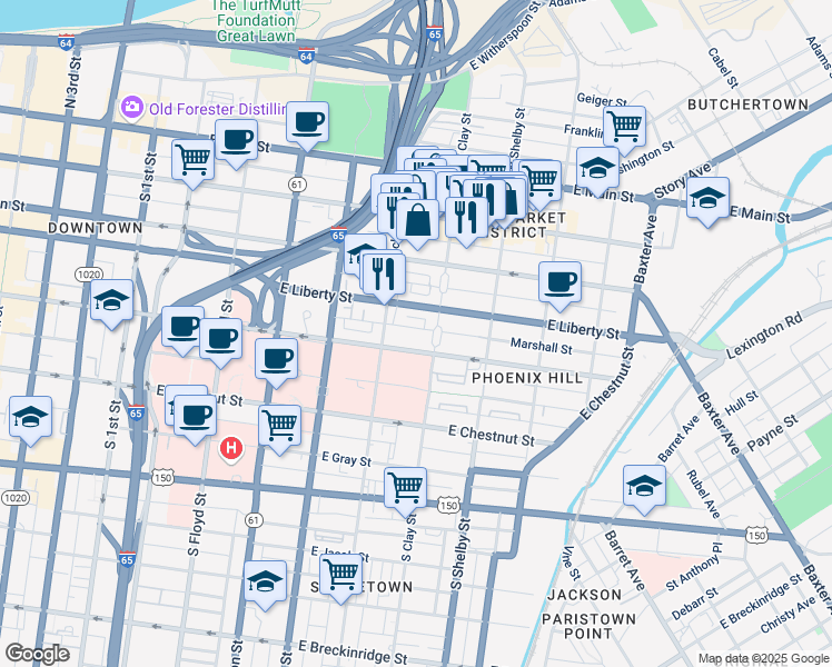map of restaurants, bars, coffee shops, grocery stores, and more near 626 Marshall Street in Louisville