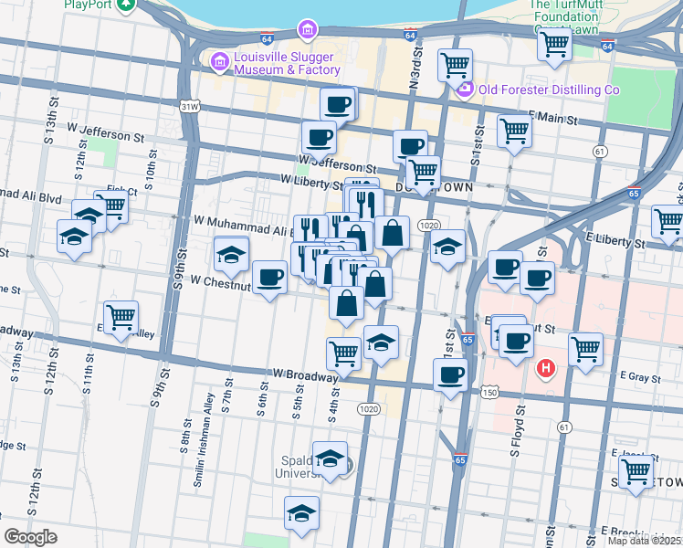 map of restaurants, bars, coffee shops, grocery stores, and more near 540 South 4th Street in Louisville