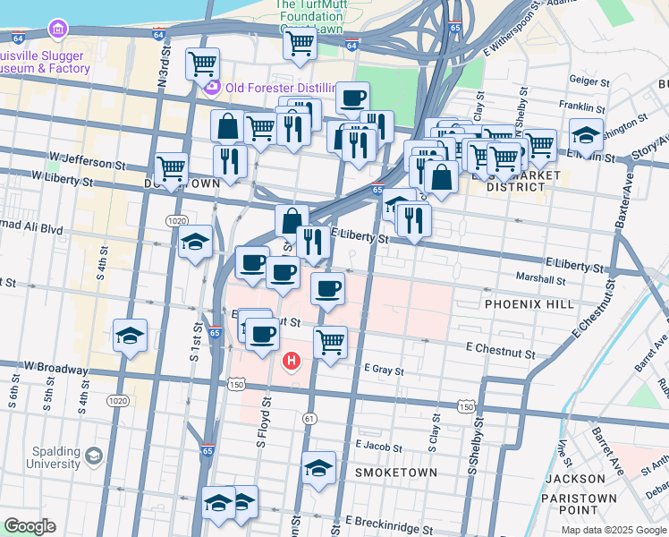 map of restaurants, bars, coffee shops, grocery stores, and more near 415 East Muhammad Ali Boulevard in Louisville