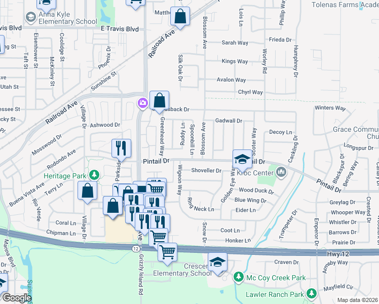 map of restaurants, bars, coffee shops, grocery stores, and more near 804 Spoonbill Lane in Suisun City