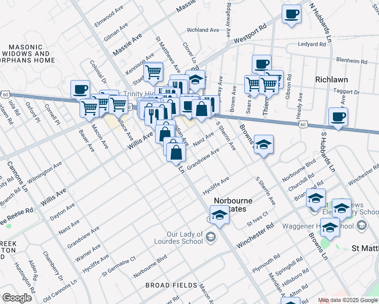 map of restaurants, bars, coffee shops, grocery stores, and more near 3924 Nanz Avenue in Louisville