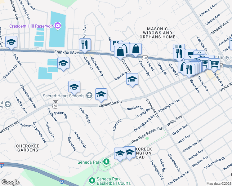 map of restaurants, bars, coffee shops, grocery stores, and more near 409 McCready Avenue in Louisville