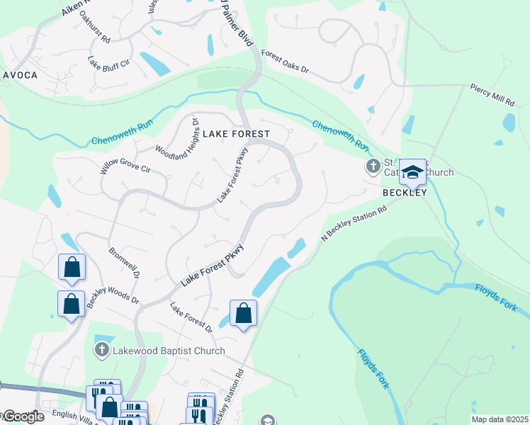 map of restaurants, bars, coffee shops, grocery stores, and more near 703 Lake Forest Parkway in Louisville
