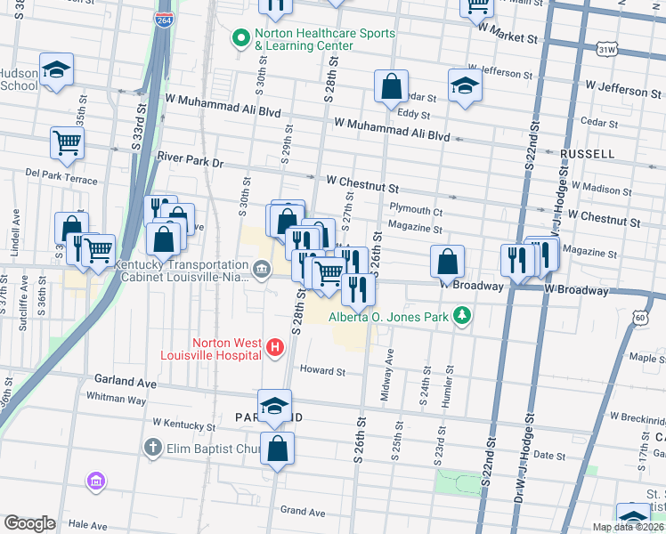 map of restaurants, bars, coffee shops, grocery stores, and more near 2701 West Broadway in Louisville