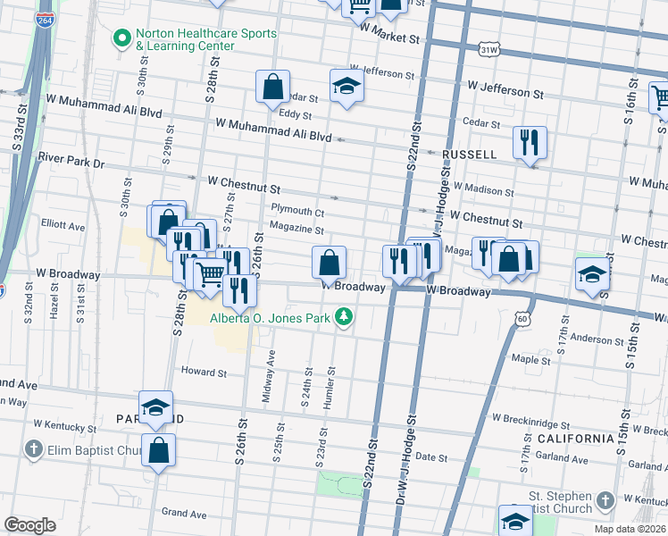 map of restaurants, bars, coffee shops, grocery stores, and more near 665 South 24th Street in Louisville