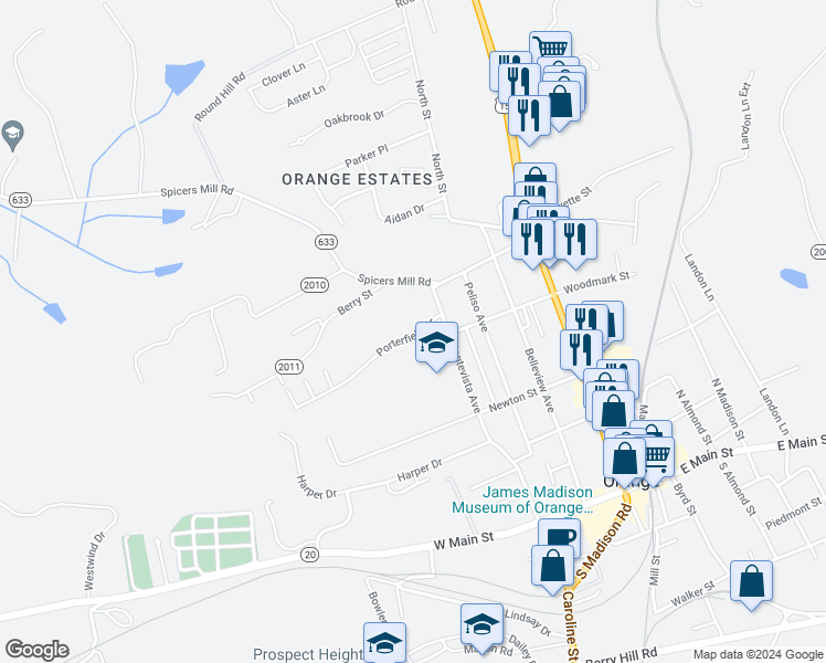 map of restaurants, bars, coffee shops, grocery stores, and more near 14855 Porterfield Drive in Orange