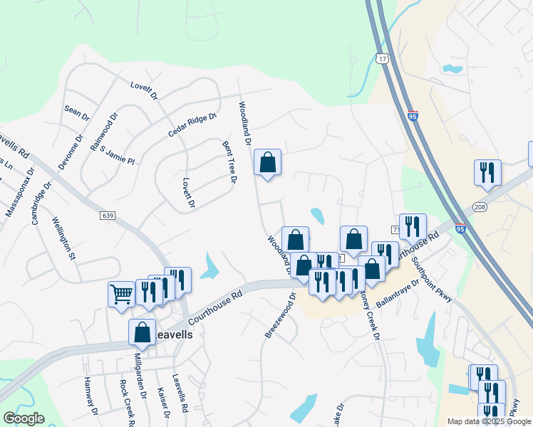 map of restaurants, bars, coffee shops, grocery stores, and more near 10607 Woodland Drive in Fredericksburg