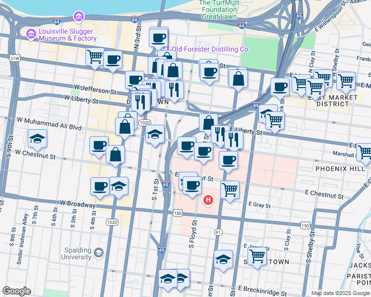 map of restaurants, bars, coffee shops, grocery stores, and more near 225 Abraham Flexner Way in Louisville