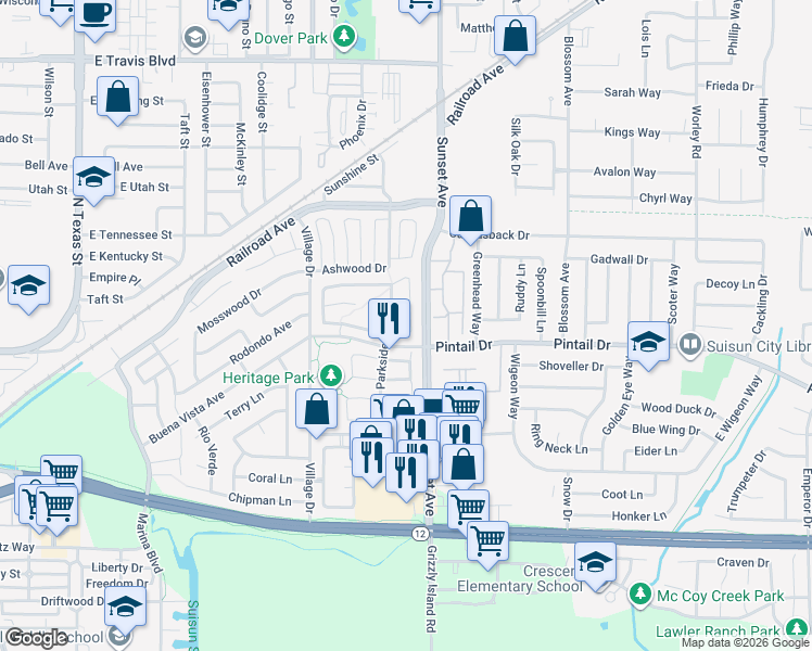 map of restaurants, bars, coffee shops, grocery stores, and more near 201 Fairbrook Court in Suisun City