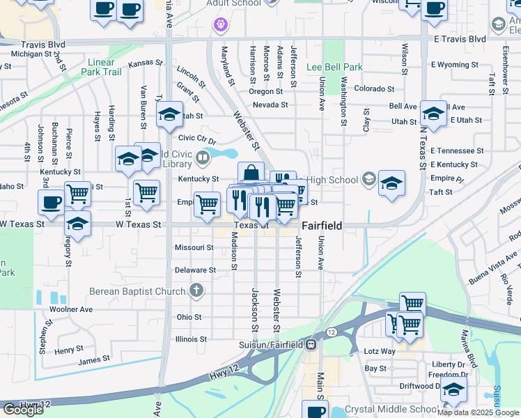 map of restaurants, bars, coffee shops, grocery stores, and more near 724 Jackson Street in Fairfield