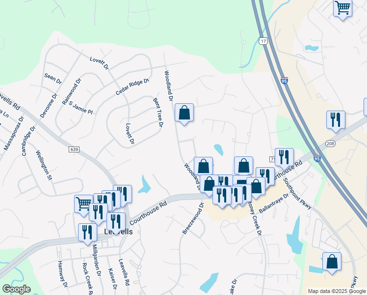 map of restaurants, bars, coffee shops, grocery stores, and more near 10607 Woodland Drive in Fredericksburg