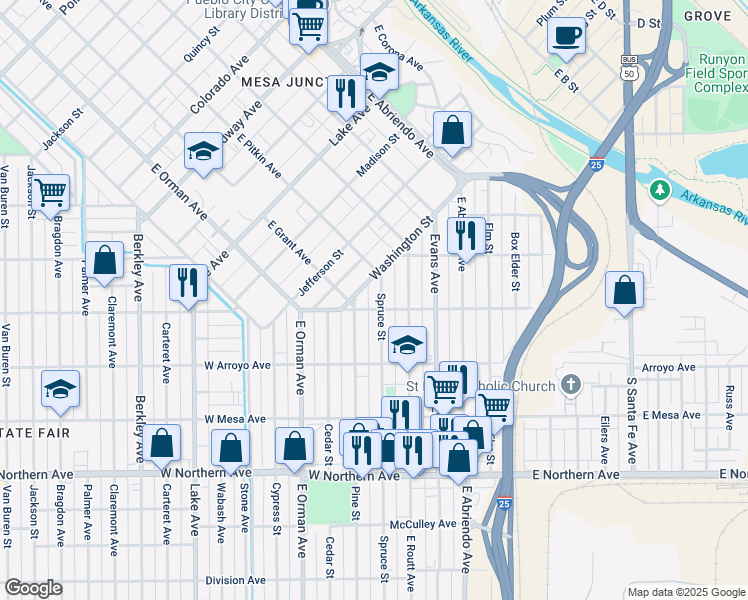 map of restaurants, bars, coffee shops, grocery stores, and more near 941 Spruce Street in Pueblo
