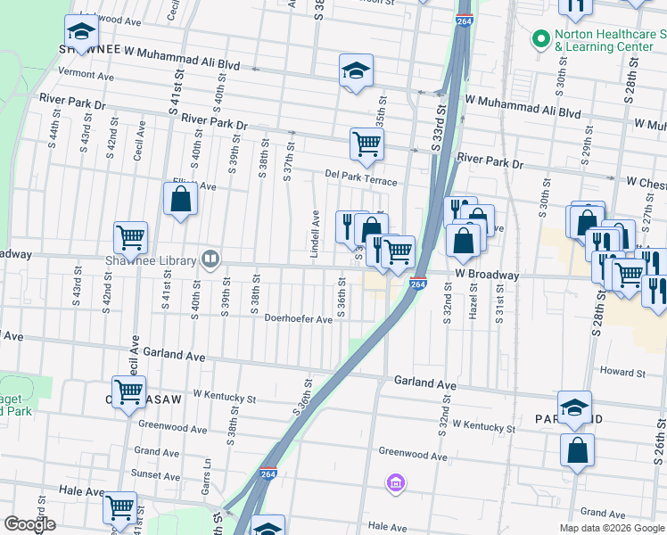 map of restaurants, bars, coffee shops, grocery stores, and more near West Broadway & South 36th Street in Louisville