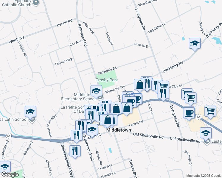 map of restaurants, bars, coffee shops, grocery stores, and more near in Middletown
