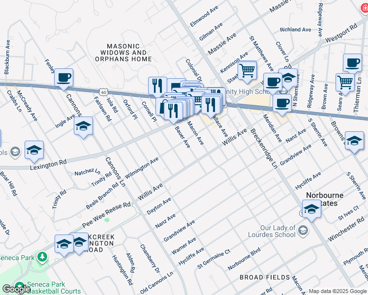 map of restaurants, bars, coffee shops, grocery stores, and more near in Louisville