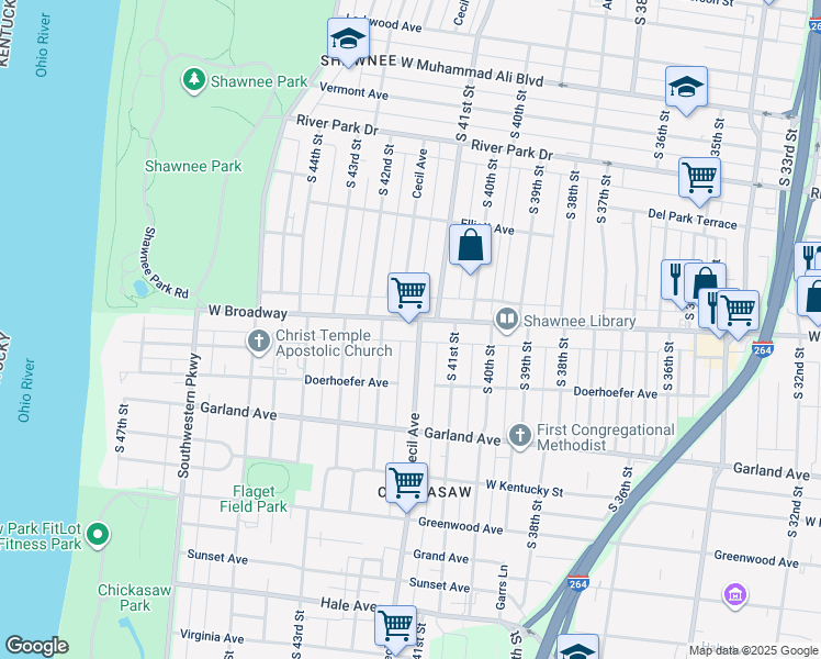 map of restaurants, bars, coffee shops, grocery stores, and more near 4132 West Broadway in Louisville
