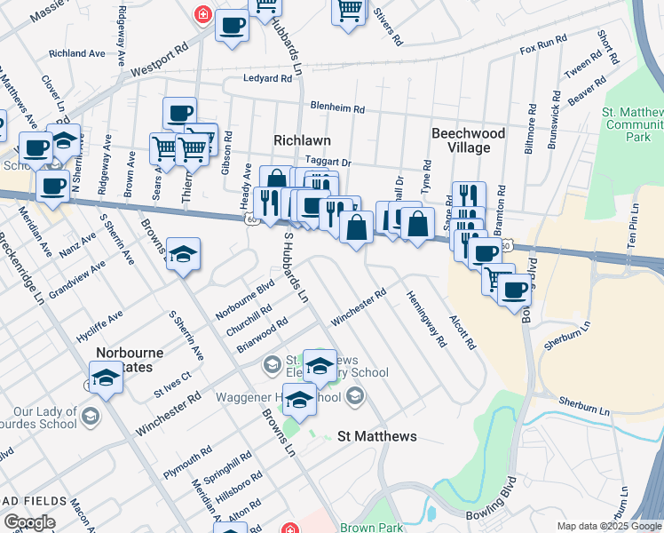 map of restaurants, bars, coffee shops, grocery stores, and more near 226 Norbourne Boulevard in Louisville