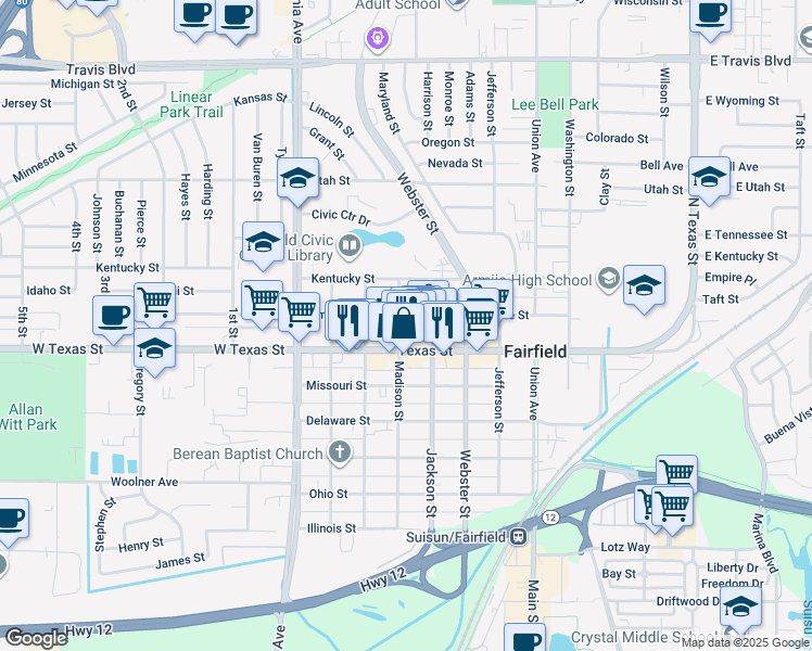 map of restaurants, bars, coffee shops, grocery stores, and more near 733 Madison Street in Fairfield