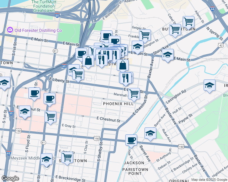 map of restaurants, bars, coffee shops, grocery stores, and more near 800 East Liberty Street in Louisville