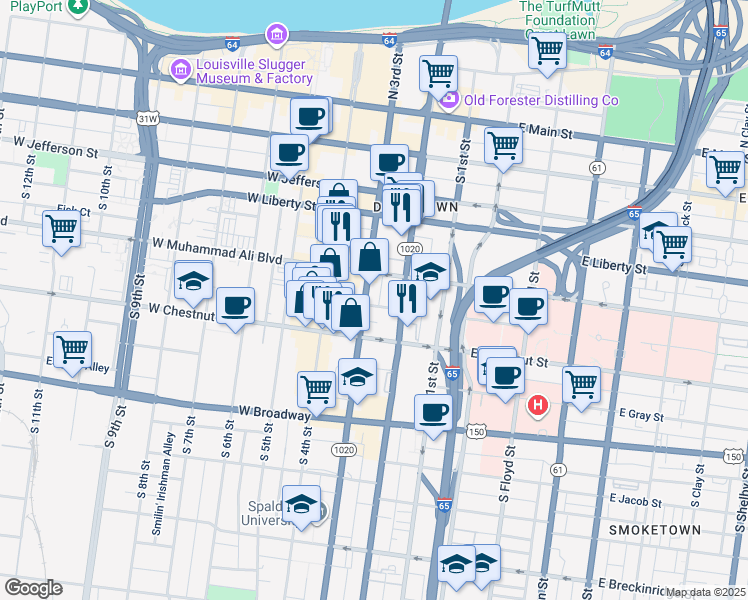 map of restaurants, bars, coffee shops, grocery stores, and more near 217 Guthrie Street in Louisville