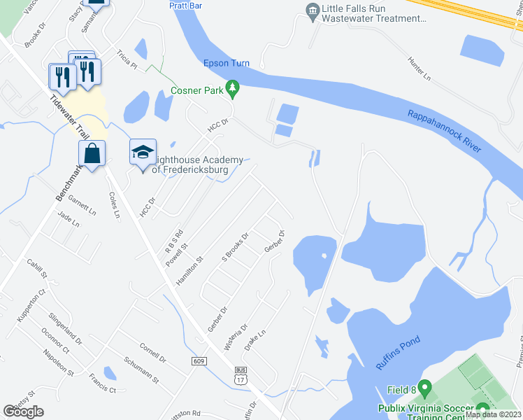 map of restaurants, bars, coffee shops, grocery stores, and more near 407 South Brooks Drive in Fredericksburg