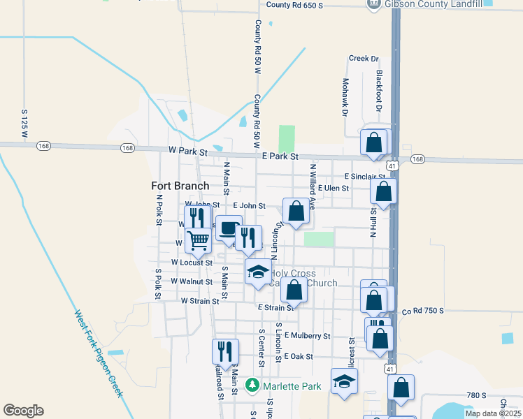map of restaurants, bars, coffee shops, grocery stores, and more near 301-371 East John Street in Fort Branch