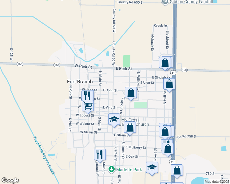 map of restaurants, bars, coffee shops, grocery stores, and more near 301 East John Street in Fort Branch