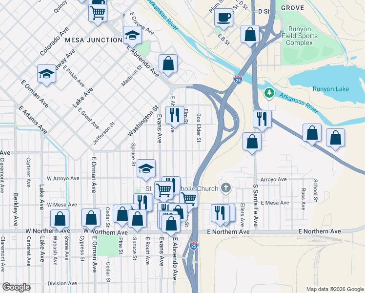 map of restaurants, bars, coffee shops, grocery stores, and more near 941 Elm Street in Pueblo