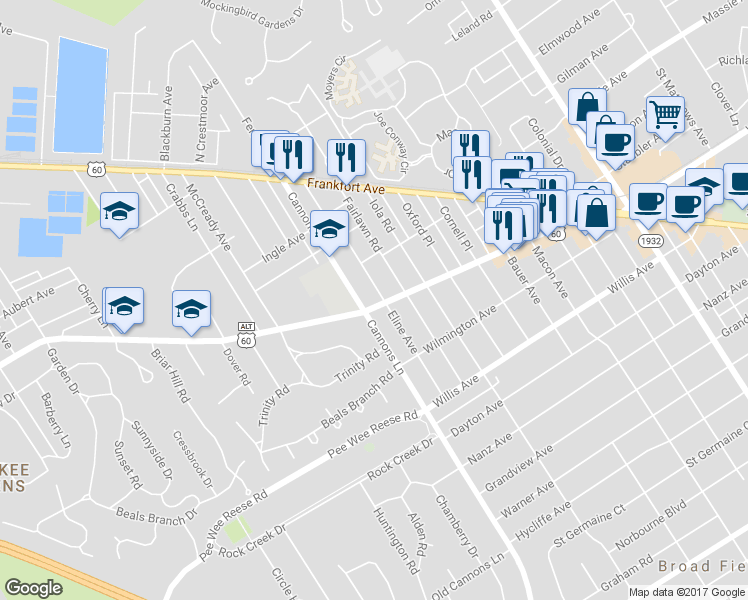 map of restaurants, bars, coffee shops, grocery stores, and more near 3411 Lexington Road in Louisville