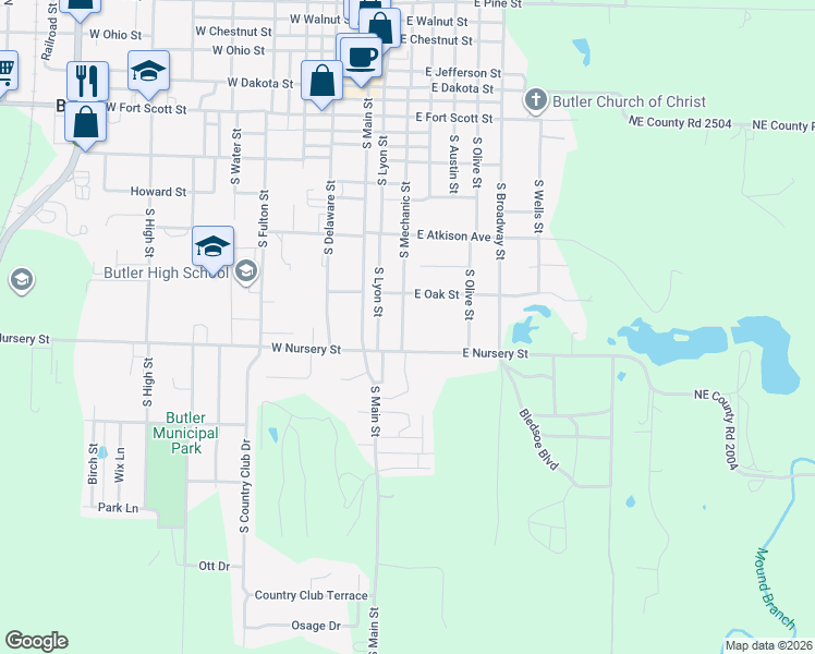 map of restaurants, bars, coffee shops, grocery stores, and more near 601 South Mechanic Street in Butler