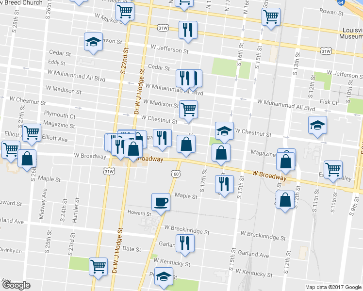 map of restaurants, bars, coffee shops, grocery stores, and more near 1812 Magazine Street in Louisville