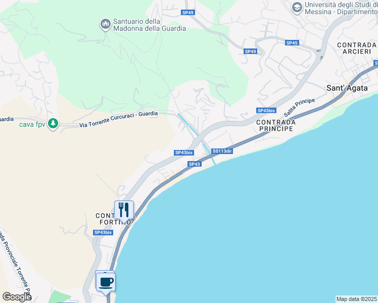 map of restaurants, bars, coffee shops, grocery stores, and more near Strada Panoramica dello Stretto in Messina