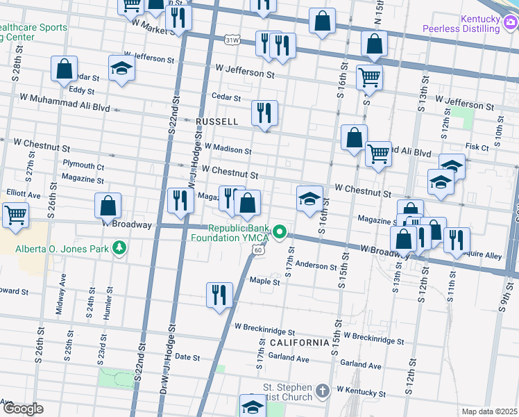 map of restaurants, bars, coffee shops, grocery stores, and more near 1812 Magazine Street in Louisville