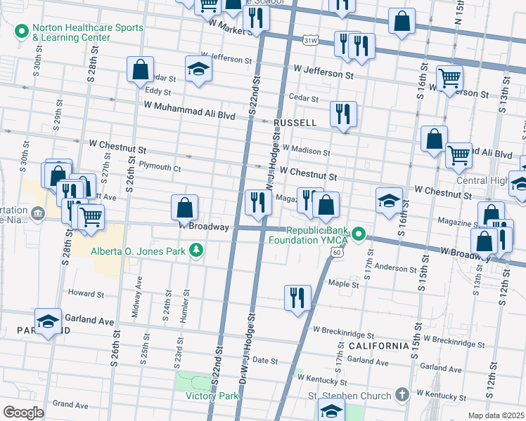 map of restaurants, bars, coffee shops, grocery stores, and more near 648 Doctor W. J. Hodge Street in Louisville