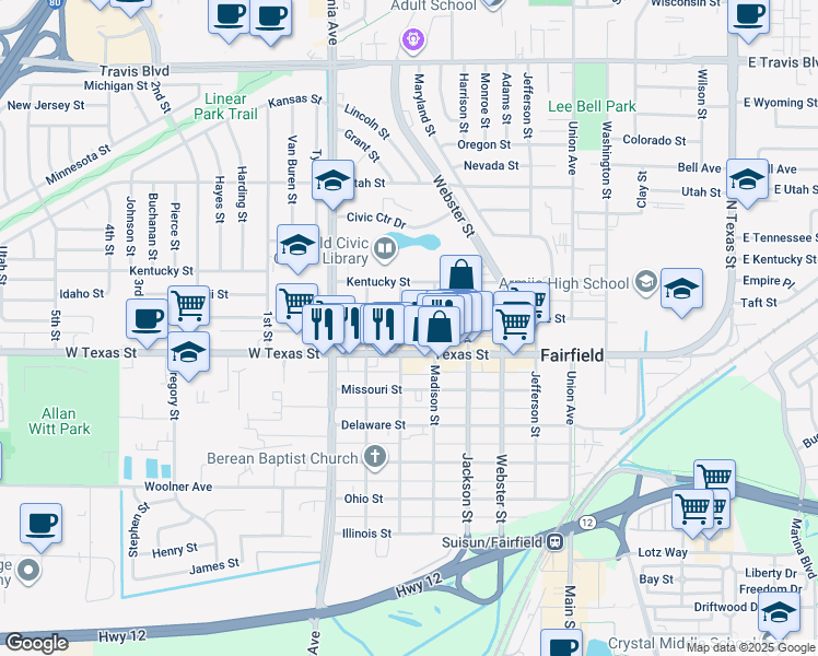 map of restaurants, bars, coffee shops, grocery stores, and more near 738 Taylor Street in Fairfield