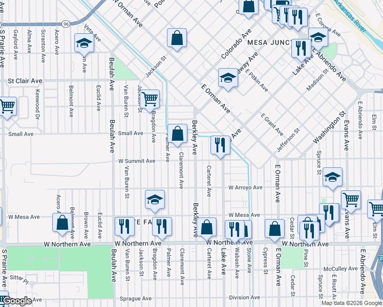 map of restaurants, bars, coffee shops, grocery stores, and more near 925 Berkley Ave in Pueblo