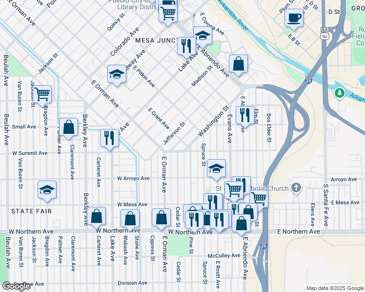 map of restaurants, bars, coffee shops, grocery stores, and more near 501 Washington Street in Pueblo