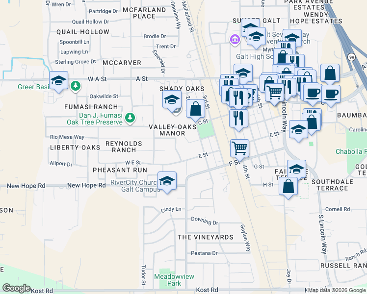 map of restaurants, bars, coffee shops, grocery stores, and more near 1 C Street in Galt