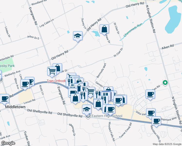 map of restaurants, bars, coffee shops, grocery stores, and more near 12413 Aquarius Road in Louisville