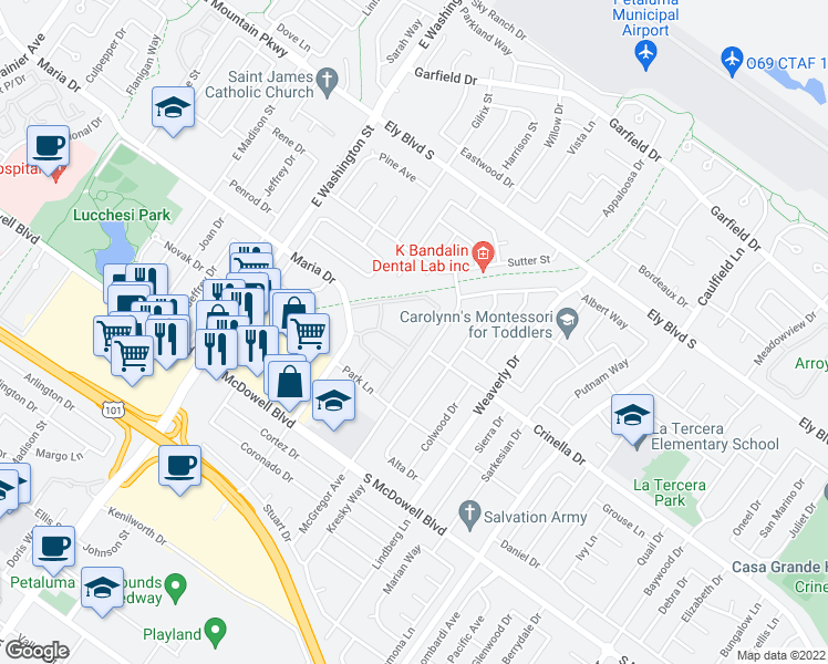 map of restaurants, bars, coffee shops, grocery stores, and more near 601 Greenbriar Circle in Petaluma