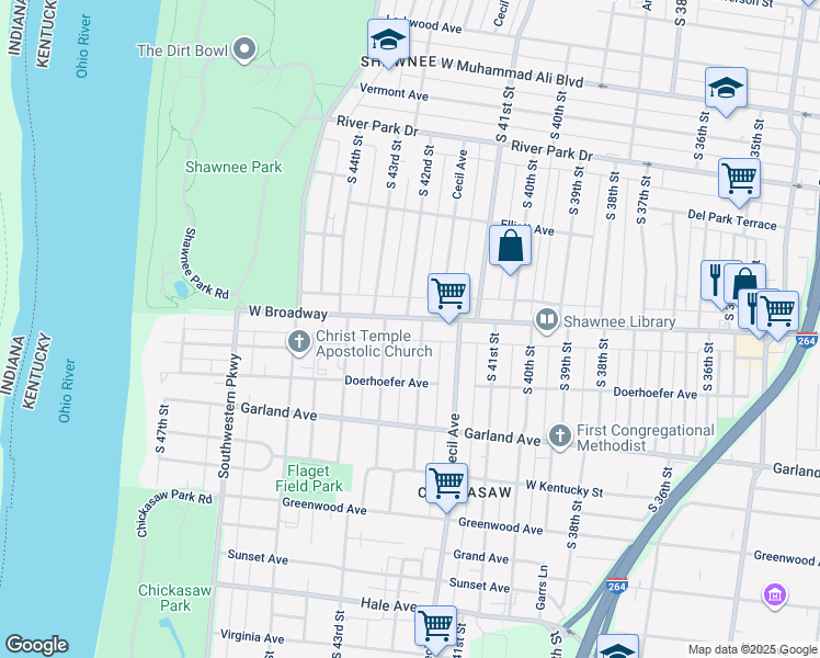 map of restaurants, bars, coffee shops, grocery stores, and more near 4206 West Broadway in Louisville