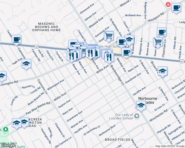 map of restaurants, bars, coffee shops, grocery stores, and more near 424 Wendover Avenue in Louisville