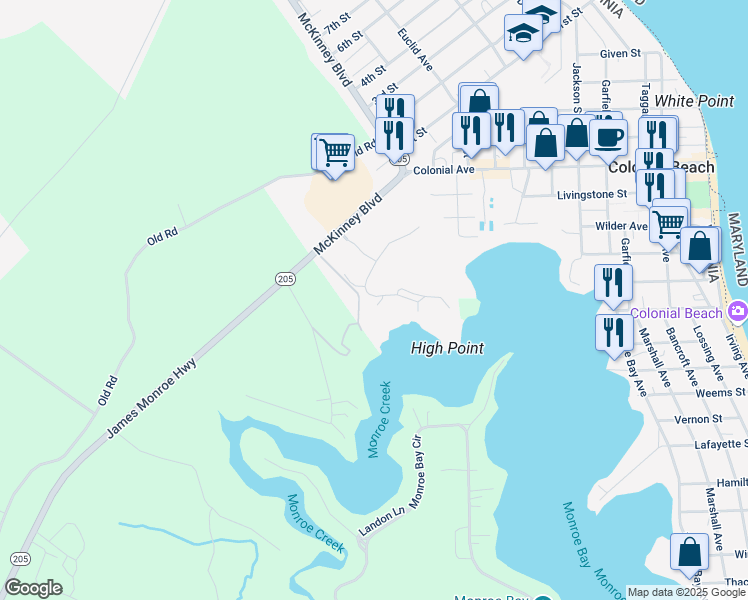 map of restaurants, bars, coffee shops, grocery stores, and more near 404 Monroe Point Drive in Colonial Beach