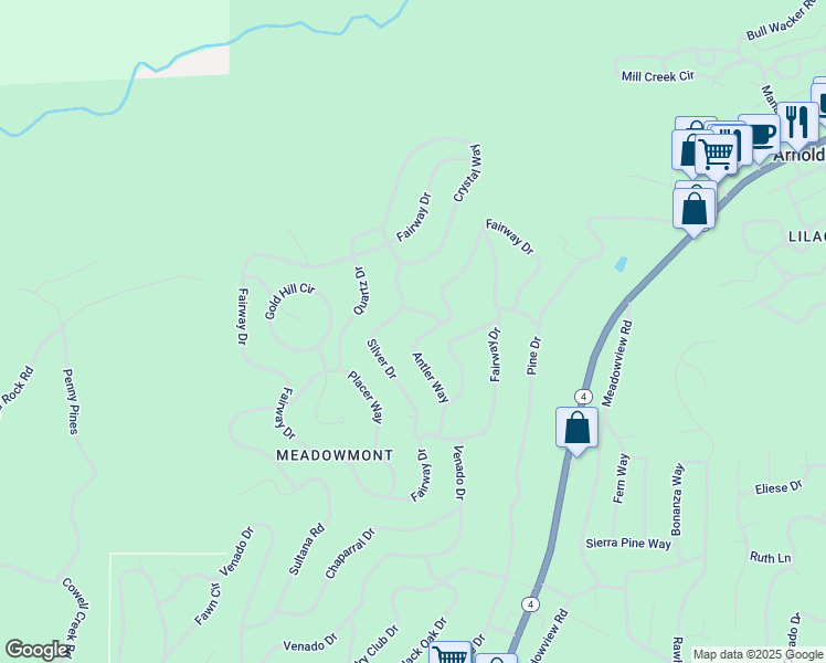 map of restaurants, bars, coffee shops, grocery stores, and more near 1960 Antler Drive in Arnold