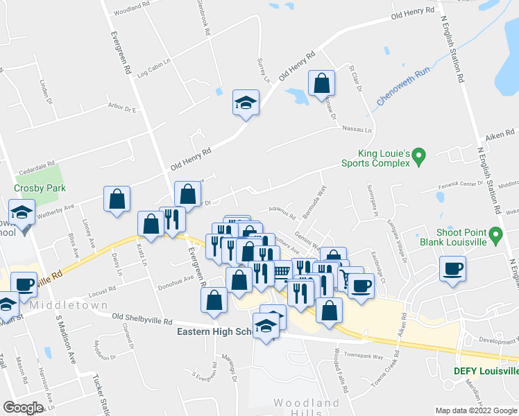 map of restaurants, bars, coffee shops, grocery stores, and more near 12401 Aquarius Road in Louisville
