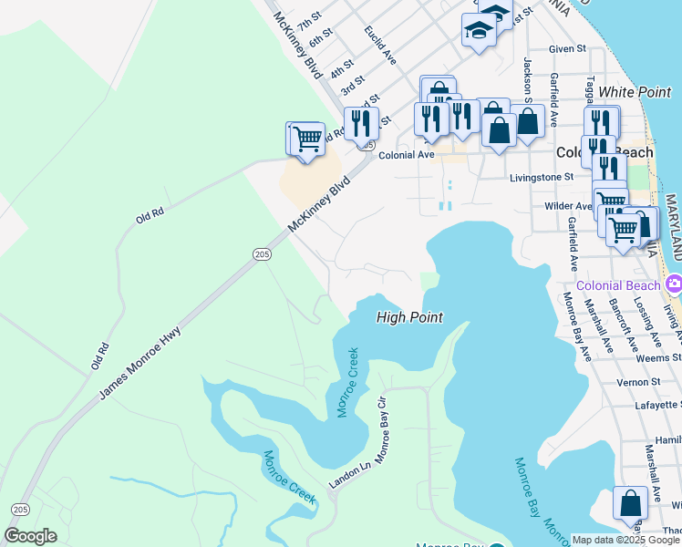 map of restaurants, bars, coffee shops, grocery stores, and more near 406 Monroe Point Drive in Colonial Beach