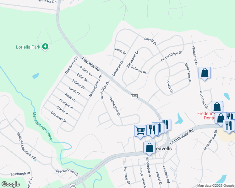 map of restaurants, bars, coffee shops, grocery stores, and more near 10700 Brittany Court in Fredericksburg