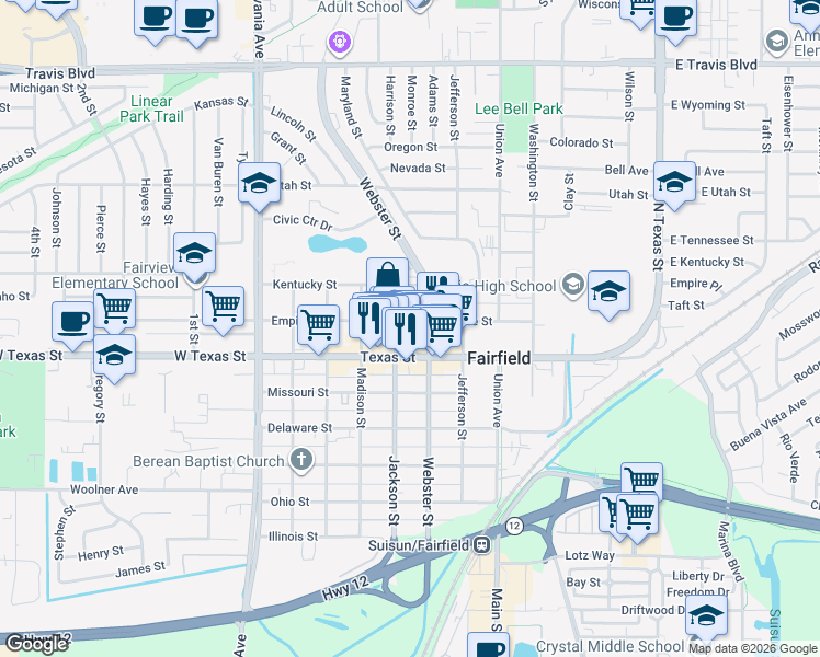 map of restaurants, bars, coffee shops, grocery stores, and more near 835 Empire Street in Fairfield