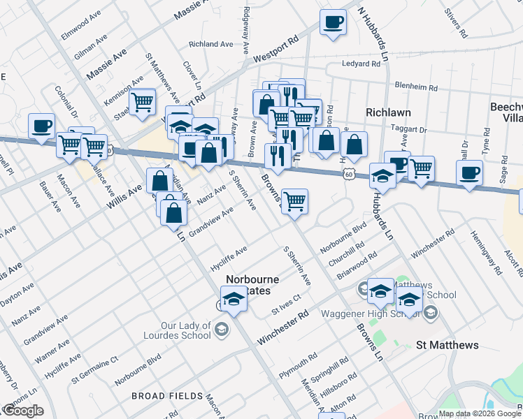 map of restaurants, bars, coffee shops, grocery stores, and more near 213 South Sherrin Avenue in Louisville