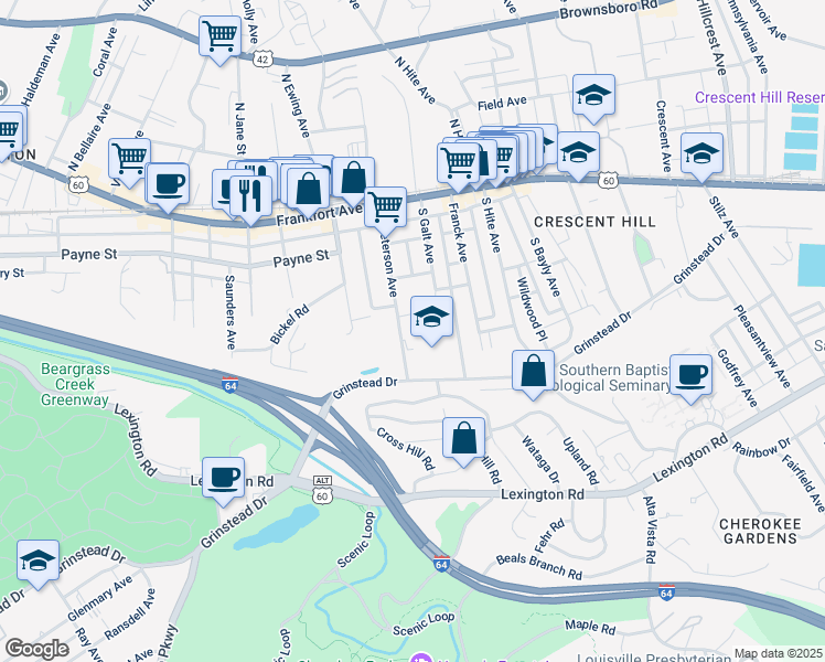 map of restaurants, bars, coffee shops, grocery stores, and more near 333 South Peterson Avenue in Louisville